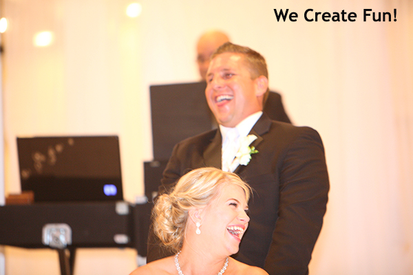 We Create Fun! words appear to the right of Mark Peace Thomas' head as he narrates "The Love Story" of a laughing newlywed couple.